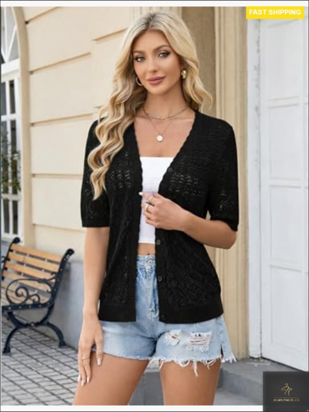 Crochet Short Sleeve Cardigan Lightweight Button Front Shrug for Summer - Picture 4 of 6